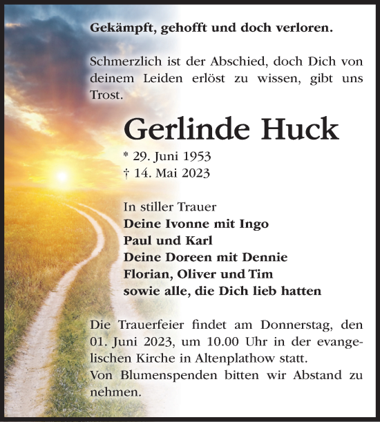 Traueranzeige von Gerlinde Huck von Mitteldeutsche Zeitung