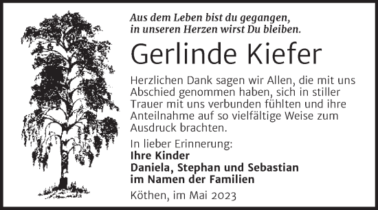 Traueranzeige von Gerlinde Kiefer von Trauerkombi Köthen