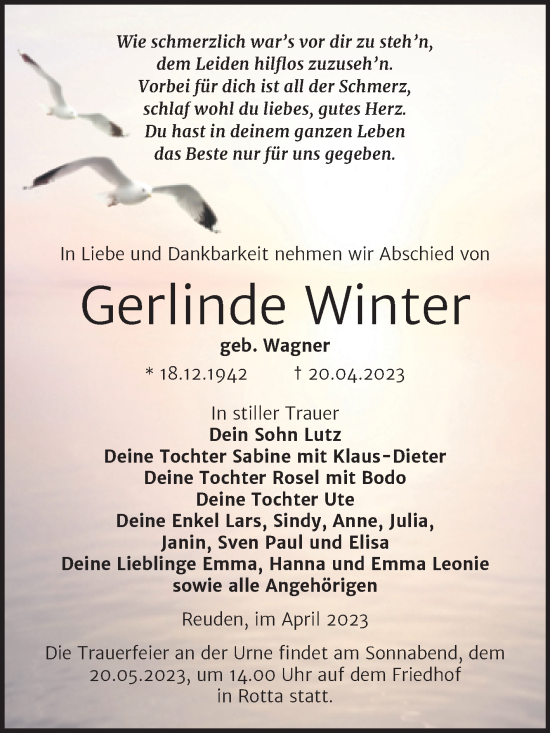 Traueranzeige von Gerlinde Winter von Trauerkombi Wittenberg