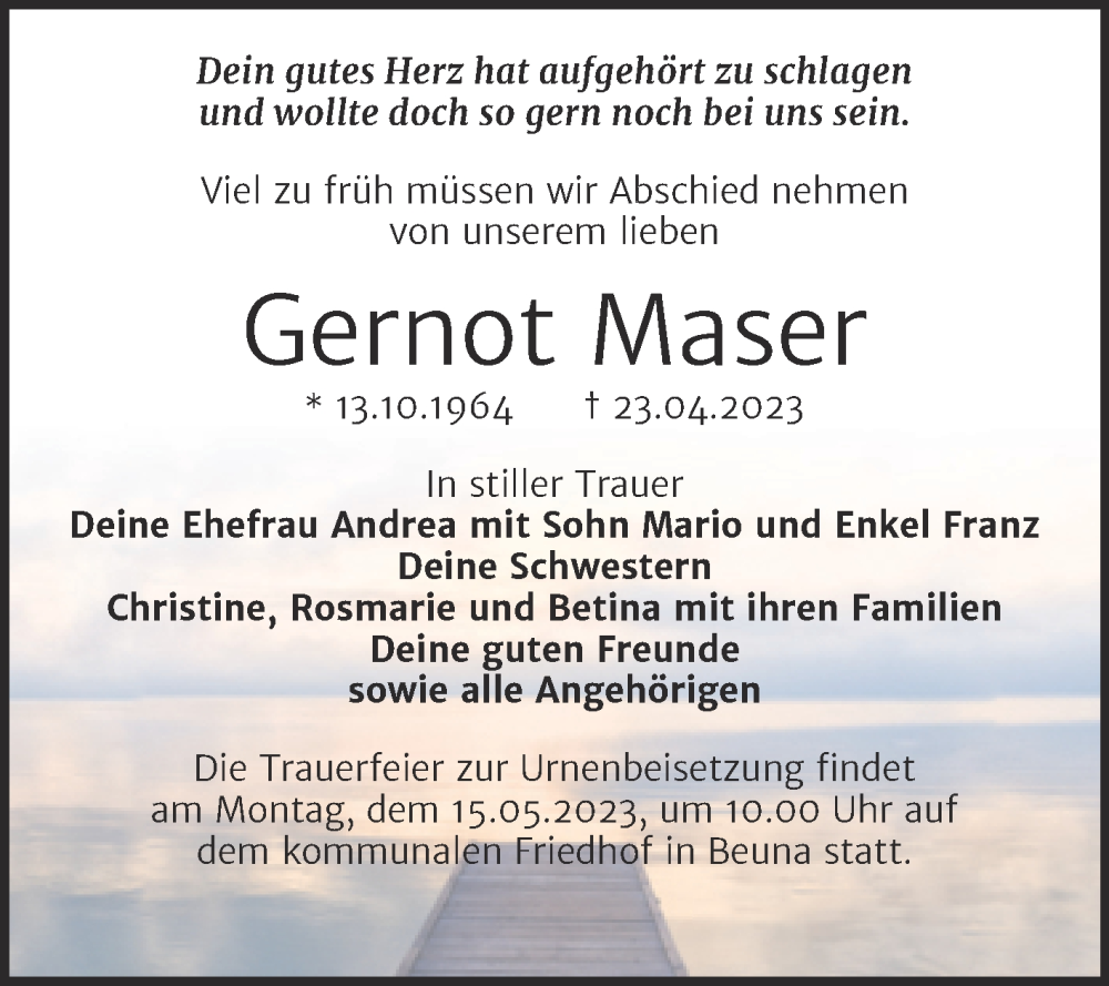  Traueranzeige für Gernot Maser vom 06.05.2023 aus Trauerkombi Merseburg