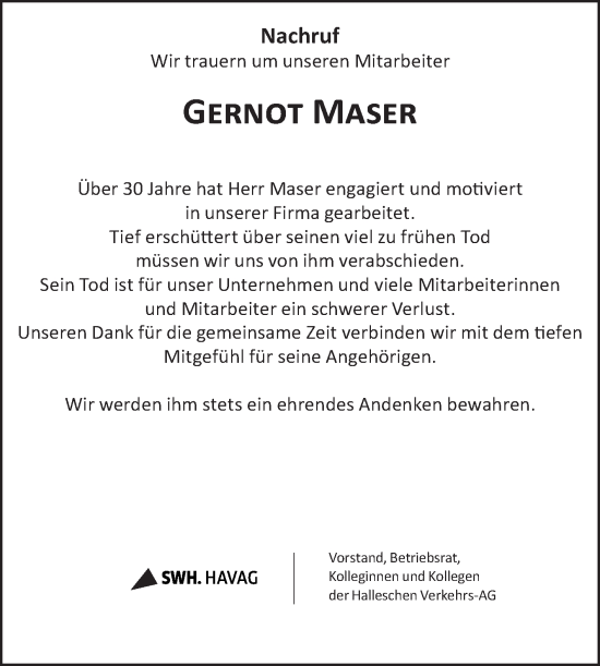 Traueranzeige von Gernot Maser von Mitteldeutsche Zeitung Halle/Saalkreis