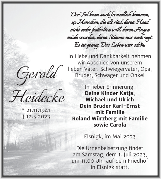 Traueranzeige von Gerold Heidecke von Trauerkombi Köthen