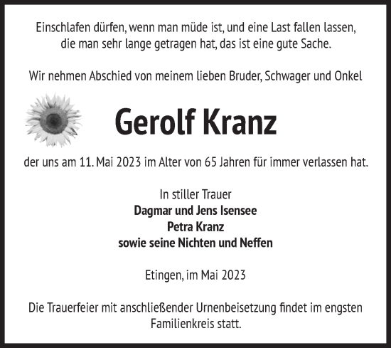 Traueranzeige von Gerolf Kranz von Volksstimme Haldensleben/Wolmirstedt