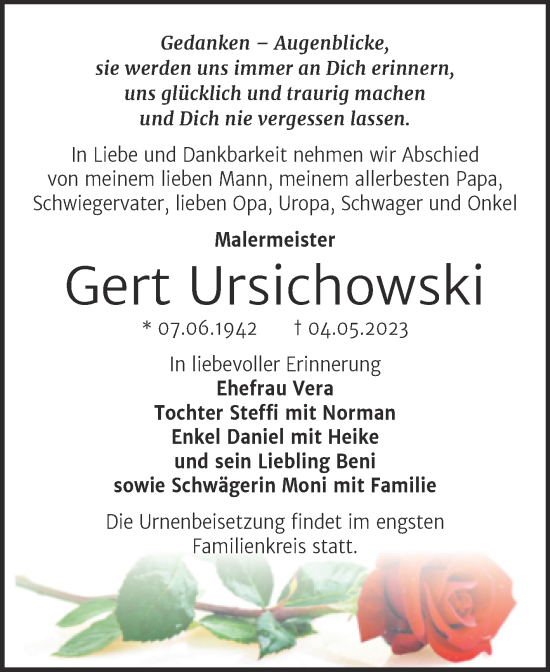Traueranzeige von Gert Ursichowski von Trauerkombi Bernburg