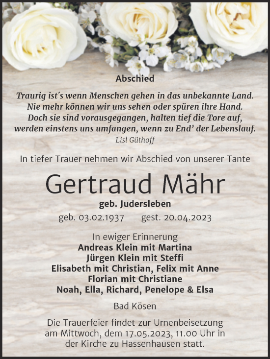 Traueranzeige von Gertraud Mähr von Naumburger Tageblatt