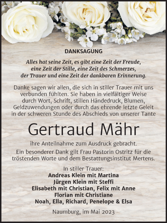 Traueranzeige von Gertraud Mähr von Naumburger Tageblatt
