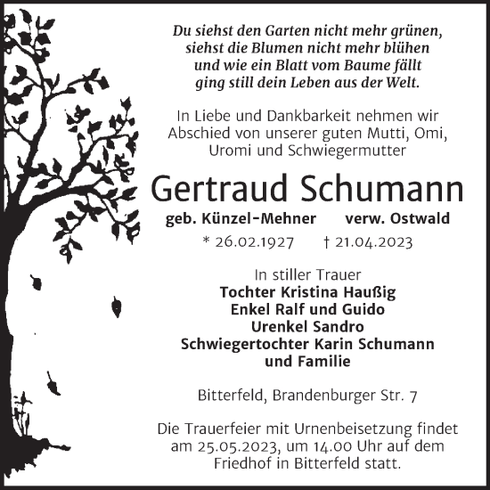 Traueranzeige von Gertraud Schumann von Trauerkombi Bitterfeld