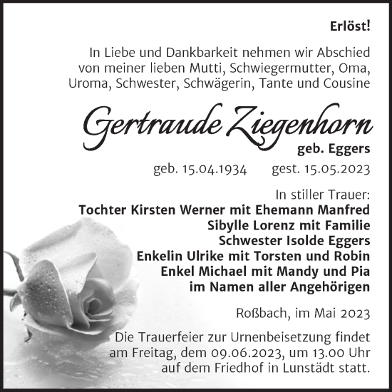 Traueranzeige von Gertraude Ziegenhorn von Trauerkombi Merseburg