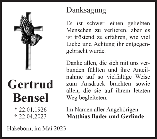 Traueranzeige von Gertrud Bensel von Volksstimme Staßfurt