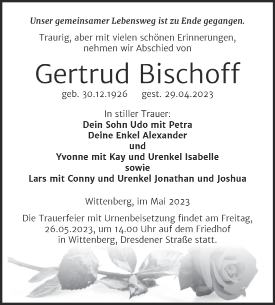 Traueranzeige von Gertrud Bischoff von Trauerkombi Wittenberg