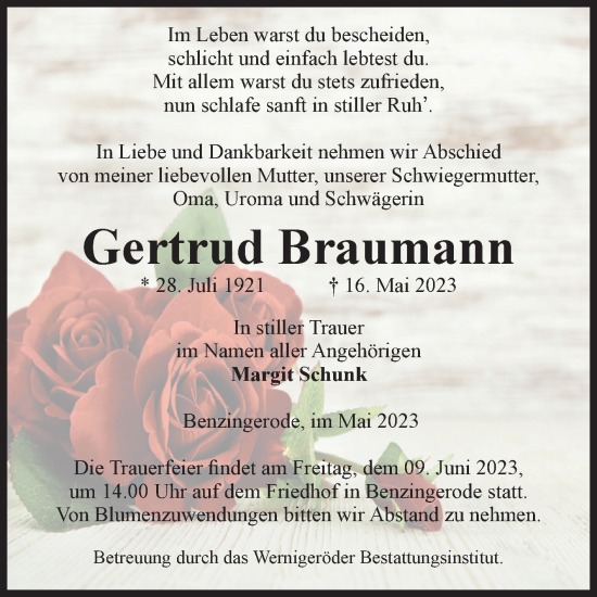 Traueranzeige von Gertrud Braumann von Volksstimme Wernigerode