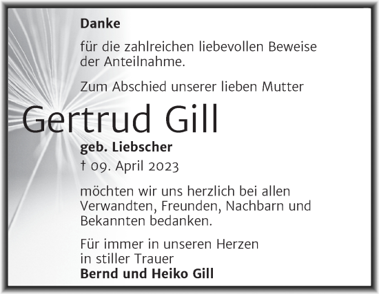 Traueranzeige von Gertrud Gill von Trauerkombi Merseburg