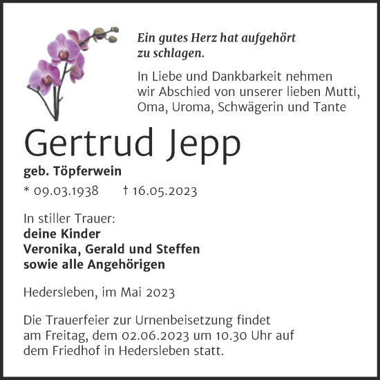 Traueranzeige von Gertrud Jepp von Trauerkombi Mansfelder Land