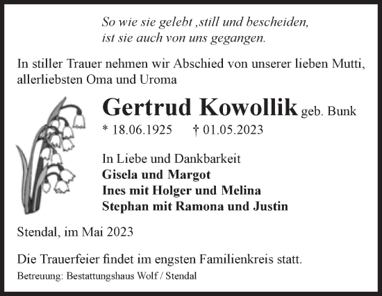 Traueranzeige von Gertrud Kowollik von Volksstimme Altmark Ost