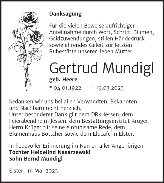 Traueranzeige von Gertrud Mundigl von Trauerkombi Wittenberg