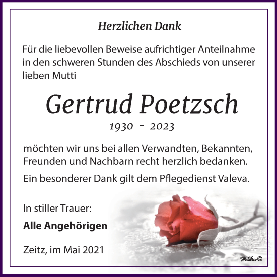 Traueranzeige von Gertrud Poetzsch von Trauerkombi Zeitz