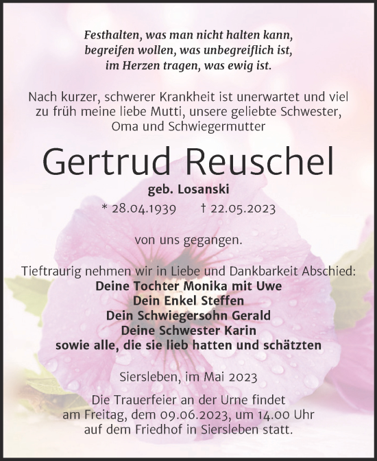 Traueranzeige von Gertrud Reuschel von Trauerkombi Mansfelder Land