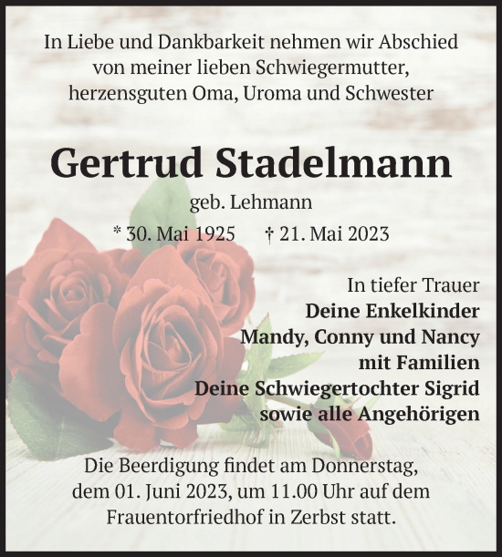 Traueranzeige von Gertrud Stadelmann von Volksstimme Zerbst