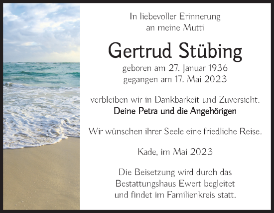 Traueranzeige von Gertrud Stübing von Volksstimme Burg/Genthin