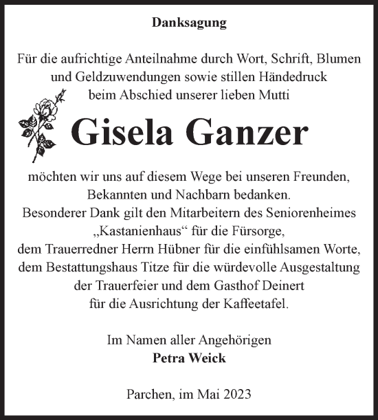 Traueranzeige von Gisela Ganzer von Volksstimme Burg/Genthin