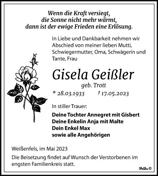 Traueranzeige von Gisela Geißler von Trauerkombi Weißenfels