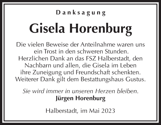 Traueranzeige von Gisela Horenburg von Volksstimme Halberstadt