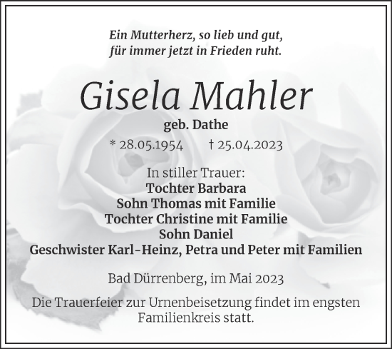 Traueranzeige von Gisela Mahler von Trauerkombi Merseburg