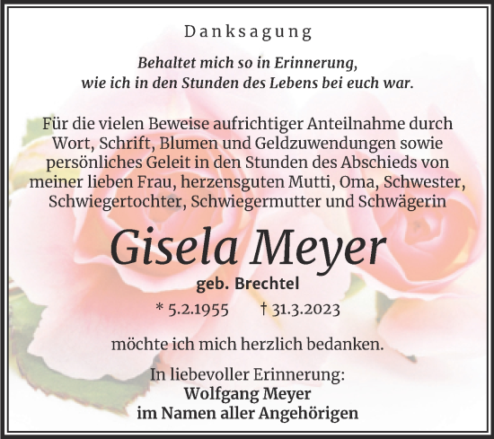 Traueranzeige von Gisela Meyer von Trauerkombi Weißenfels