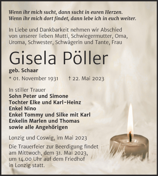 Traueranzeige von Gisela Pöller von Trauerkombi Zeitz