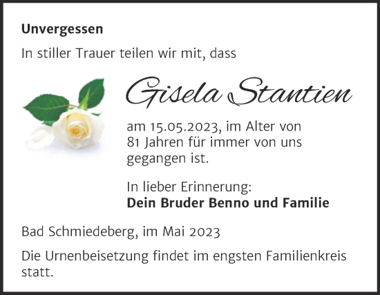 Traueranzeige von Gisela Stantien von Trauerkombi Wittenberg