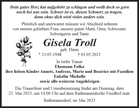 Traueranzeige von Gisela Troll von Volksstimme Staßfurt