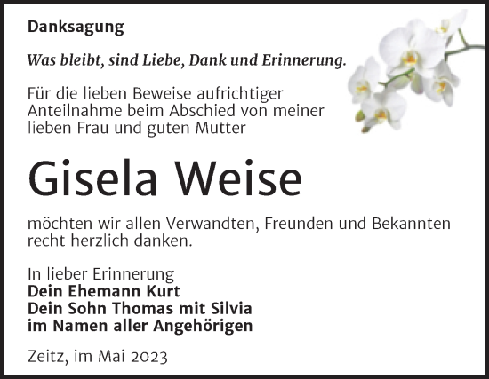 Traueranzeige von Gisela Weise von Trauerkombi Zeitz