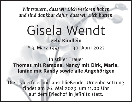 Traueranzeige von Gisela Wendt von Trauerkombi Bitterfeld