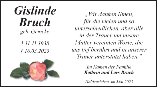 Traueranzeige von Gislinde Bruch von Volksstimme Haldensleben/Wolmirstedt