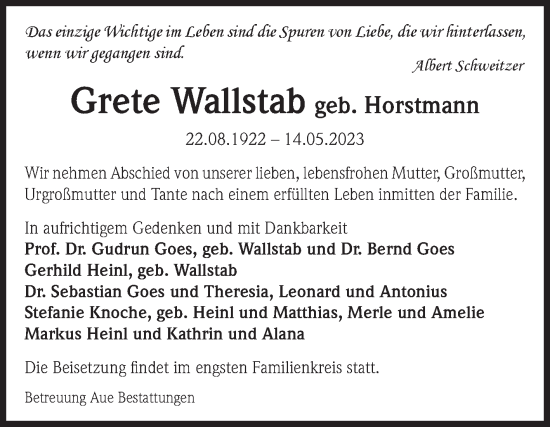 Traueranzeige von Grete Wallstab von Volksstimme Magdeburg