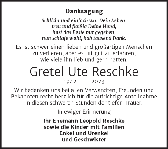 Traueranzeige von Gretel Ute Reschke von Trauerkombi Zeitz