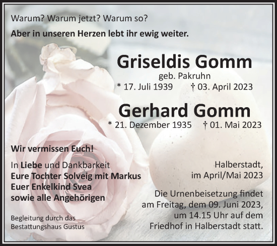 Traueranzeige von Griseldis und Gerhard Gomm von Volksstimme Halberstadt