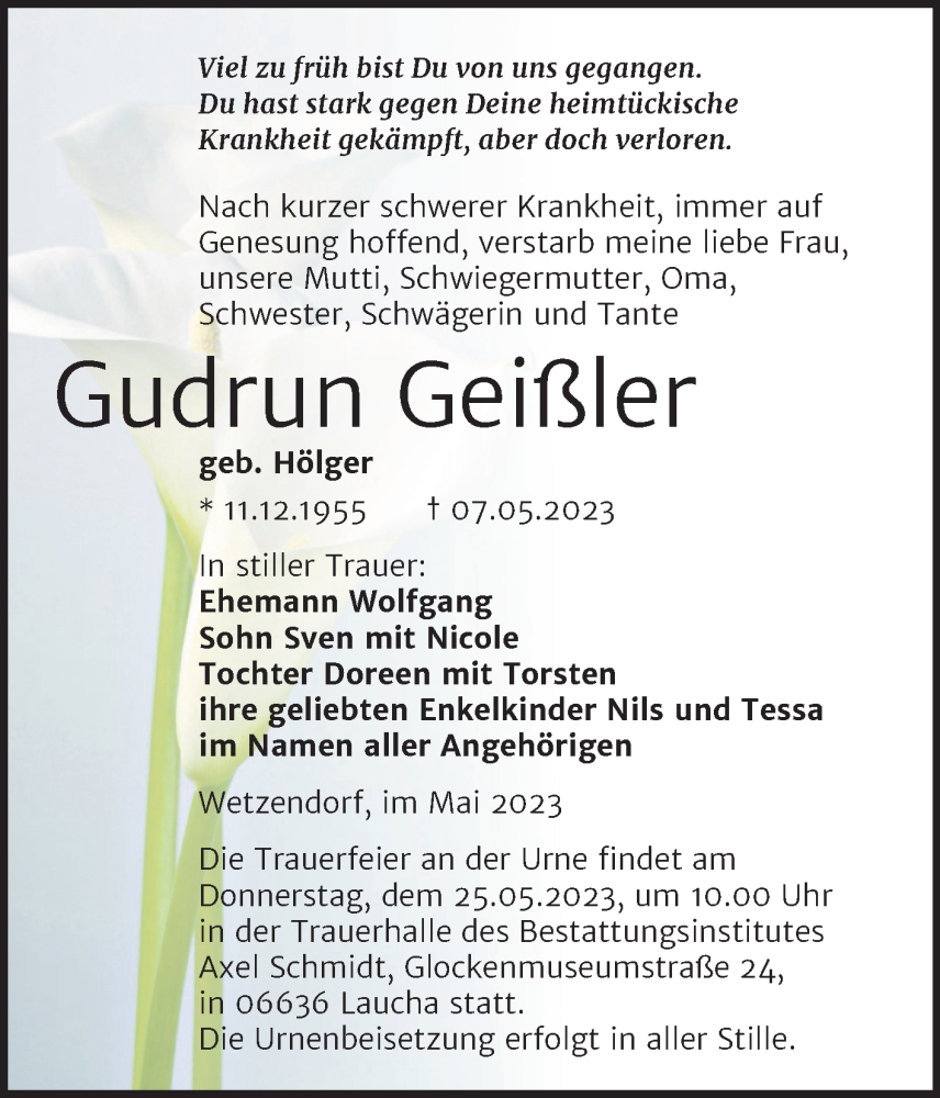  Traueranzeige für Gudrun Geißler vom 17.05.2023 aus Wochenspiegel Naumburg/Nebra