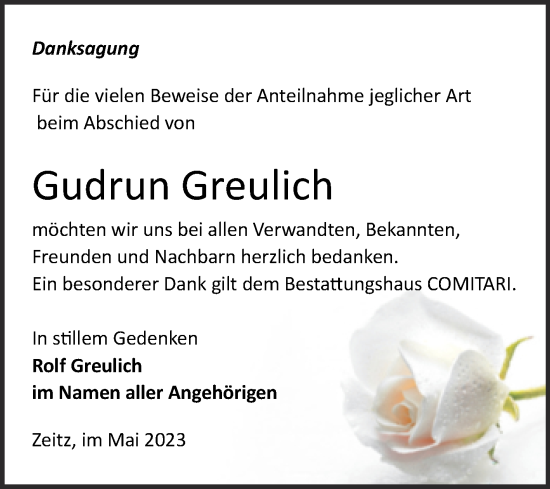 Traueranzeige von Gudrun Greulich von Trauerkombi Zeitz