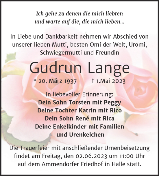 Traueranzeige von Gudrun Lange von Mitteldeutsche Zeitung Halle/Saalkreis