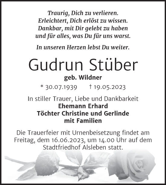 Traueranzeige von Gudrun Stüber von Trauerkombi Bernburg