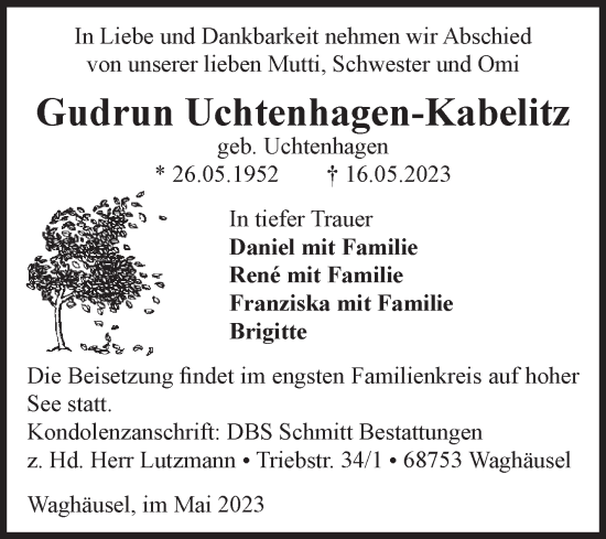 Traueranzeige von Gudrun Uchtenhagen-Kabelitz von Volksstimme Wernigerode