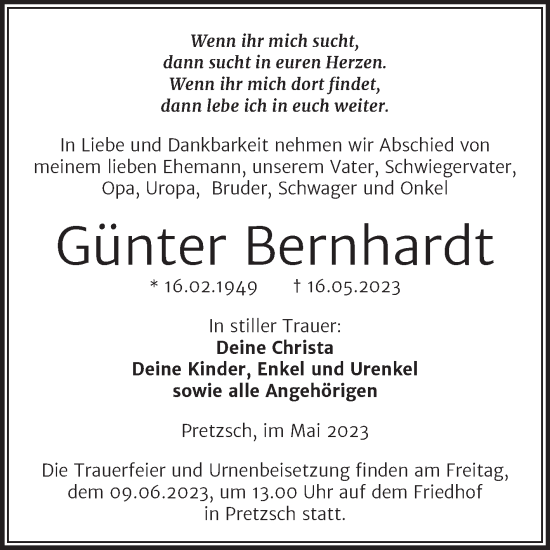 Traueranzeige von Günter Bernhardt von Trauerkombi Wittenberg
