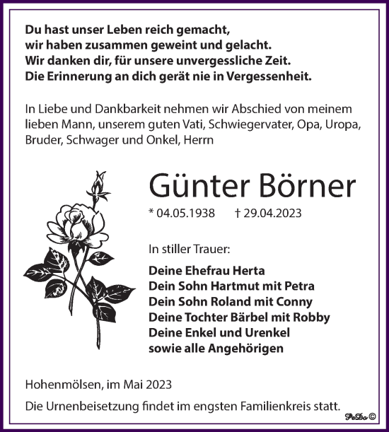 Traueranzeige von Günter Börner von Trauerkombi Weißenfels