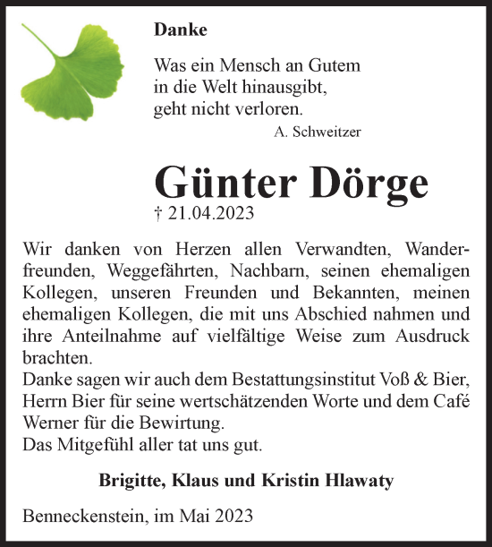 Traueranzeige von Günter Dörge von Volksstimme Wernigerode