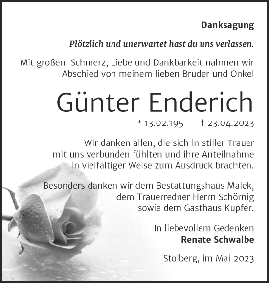 Traueranzeige von Günter Enderich von Trauerkombi Sangerhausen