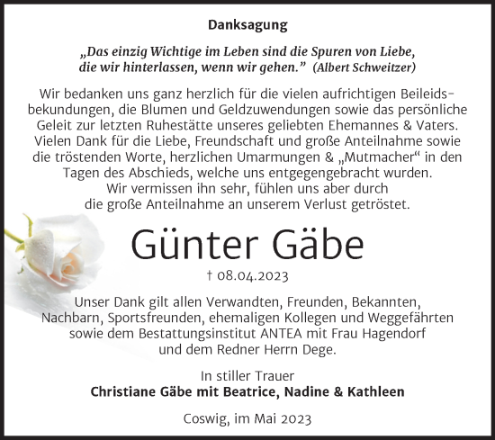 Traueranzeige von Günter Gäbe von Trauerkombi Wittenberg