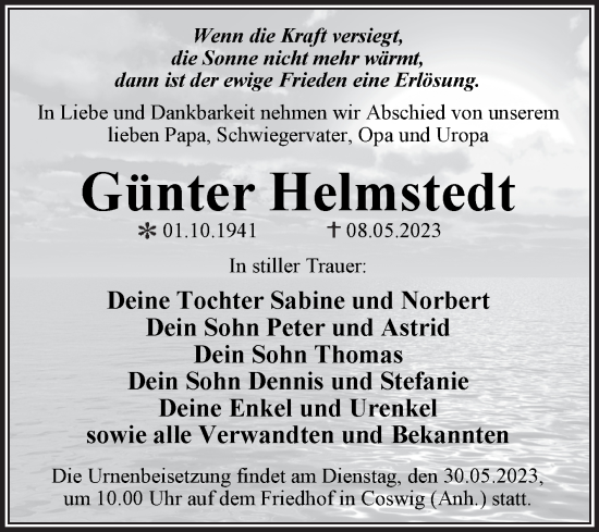 Traueranzeige von Günter Helmstedt von Trauerkombi Wittenberg
