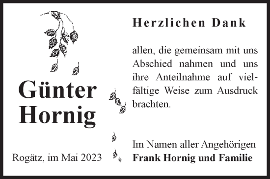 Traueranzeige von Günter Hornig von Volksstimme Haldensleben/Wolmirstedt