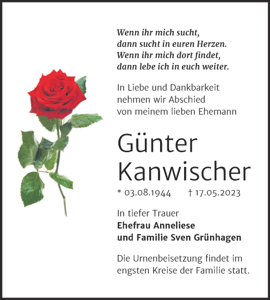 Traueranzeige von Günter Kanwischer von Trauerkombi Bernburg